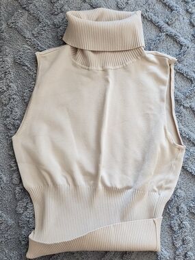 Marciano Light Beige Ribbed Turtleneck Sleeveless Top